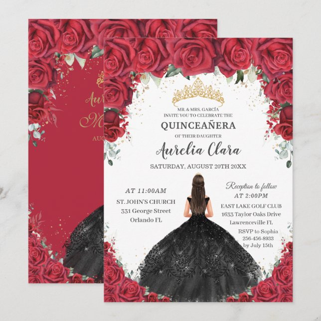 Invitation Quinceañera Roses rouges Floral Rose noire Or (Devant / Derrière)