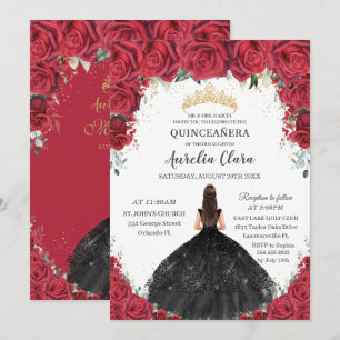 Invitation Quinceañera Roses rouges Floral Rose noire Or