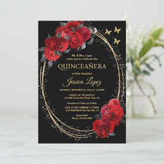 Invitation Quinceanera Roses Rouges Noires Fleurs Papillon Or