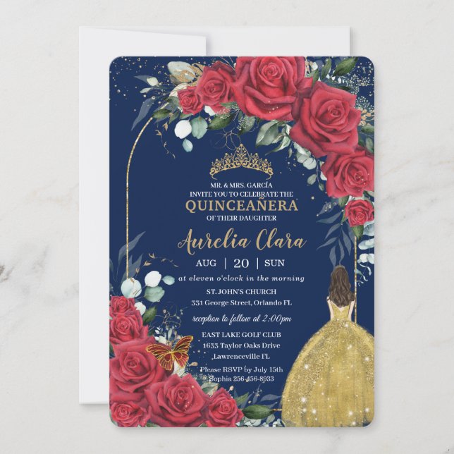 Invitation Quinceañera Roses Rouges Princesse Roses Jaunes Bl (Devant)