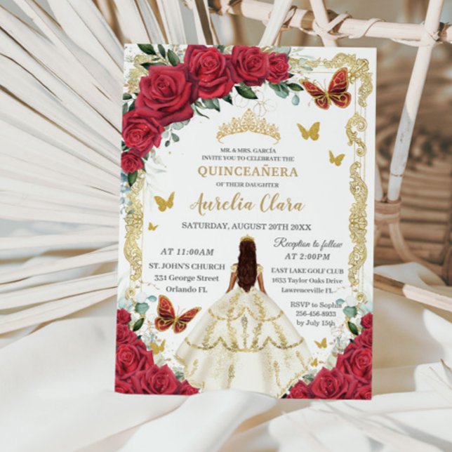 Invitation Quinceañera Roses rouges Roses florales Robe d'ivo (Créateur téléchargé)