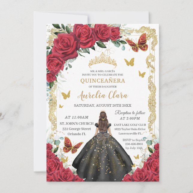 Invitation Quinceañera Roses rouges Roses florales Robe noire (Devant)