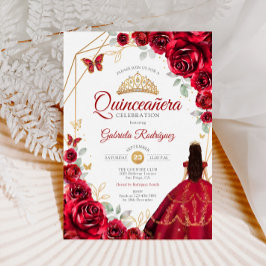 Invitation Quinceanera Roses Rouges Roses robe Or