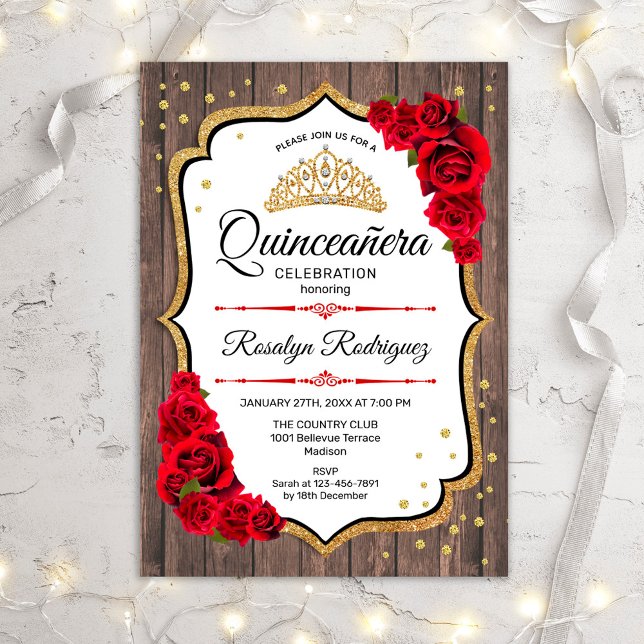 Invitation Quinceanera - Roses rouges rustiques en bois (Créateur téléchargé)