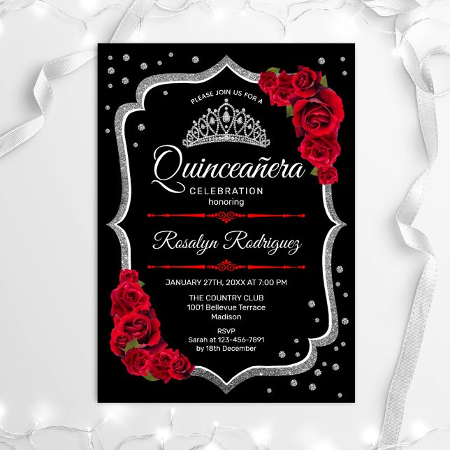 Invitation Quinceanera - Rouge argenté noir (Créateur téléchargé)