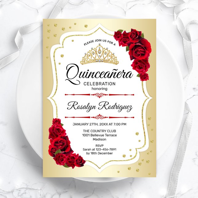 Invitation Quinceanera - Rouge blanc or (Créateur téléchargé)