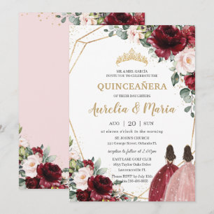 Invitation Quinceañera Rouge Blush Rose Rose Or Floral Twins