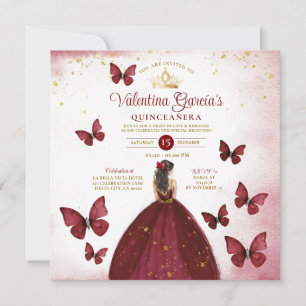 Invitation Quinceañera rouge Bourgogne 15 Anos Butterfly Gold