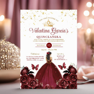 Invitation Quinceañera Rouge Bourgogne 15 Anos Fleurs Or
