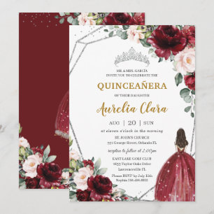 Invitation Quinceañera Rouge Bourgogne Blush Floral Argent Ti