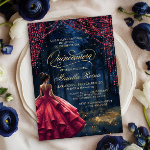 Invitation Quinceañera rouge de forêt enchantée