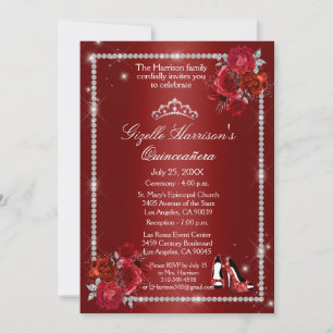 Invitation Quinceanera Rouge et argent Floral Élégant