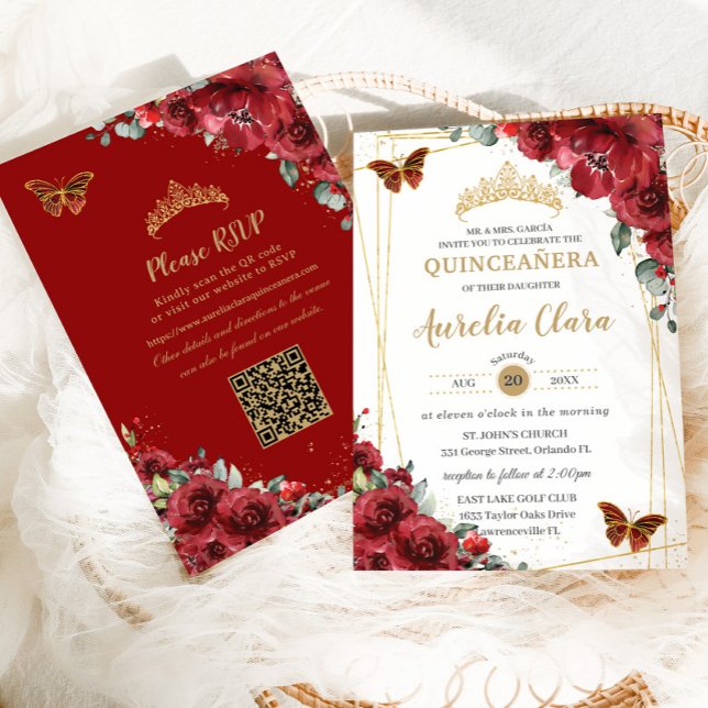 Invitation Quinceañera Rouge Floral Or Papillons QR RSVP (Créateur téléchargé)