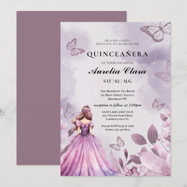 Invitation Quinceañera Rouge floral papillon violet  (Devant / Derrière)