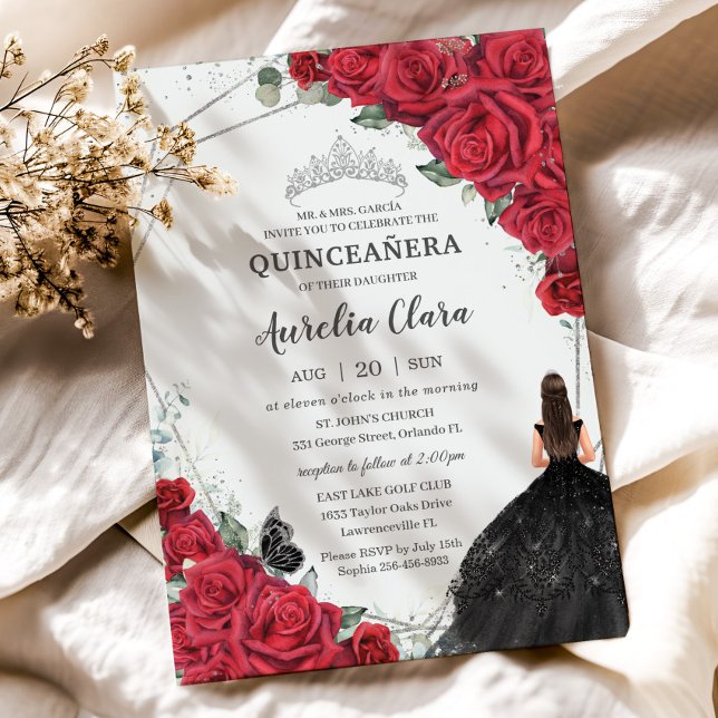 Invitation Quinceañera Rouge Floral Robe Noire Couronne Argen (vibrant red roses floral black dress brunette girl silver geometric princess crown quinceanera card)