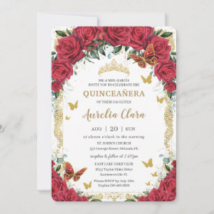 Invitation Quinceañera Rouge Floral Vintage Papillons en or