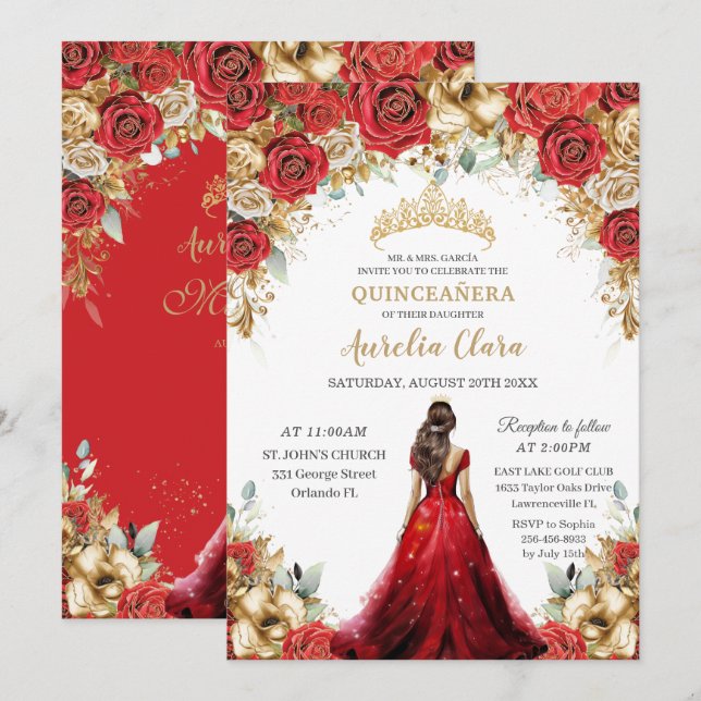 Invitation Quinceañera Rouge or Roses Floral Princesse (Devant / Derrière)