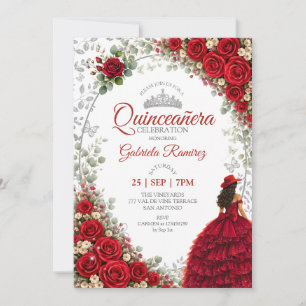 Invitation Quinceañera rouge papillons roses argentées