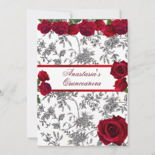 Invitation Quinceanera Rouge Satin Rouge Roses Noir Blanc Toi