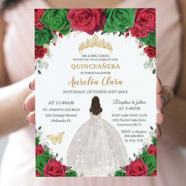 Invitation Quinceañera Rouge Vert Floral Princesse Blanc Robe (Créateur téléchargé)