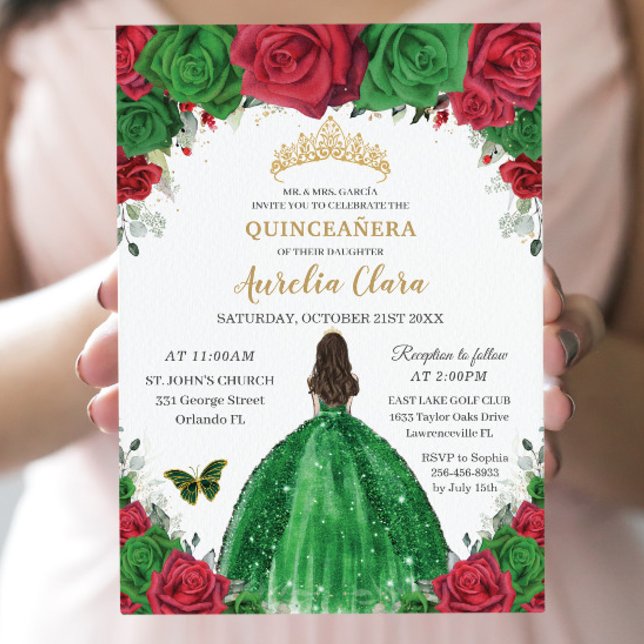 Invitation Quinceañera Rouge Vert Roses Floral Princesse Or (Créateur téléchargé)