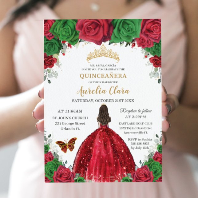 Invitation Quinceañera Rouge Vert Roses Floral Princesse Or (Créateur téléchargé)