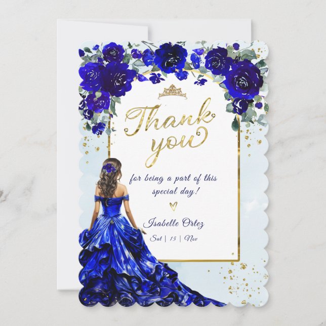 Invitation Quinceañera Royal Bleu et Merci or (Devant)
