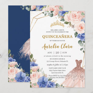 Invitation Quinceañera Royal Blue Blush Floral Ball Gown