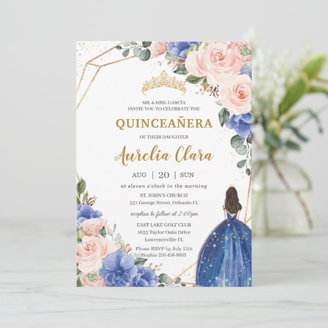 Invitation Quinceañera Royal Blue Blush Floral Gold Princess (Debout devant)