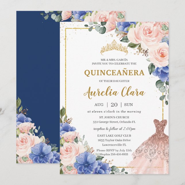 Invitation Quinceañera Royal Blue Blush Floral Robe Tiara (Devant / Derrière)