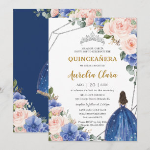 Invitation Quinceañera Royal Blue Blush Floral Silver Tiara