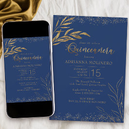 Invitation Quinceanera Royal Blue et Gold Leaf Élégant