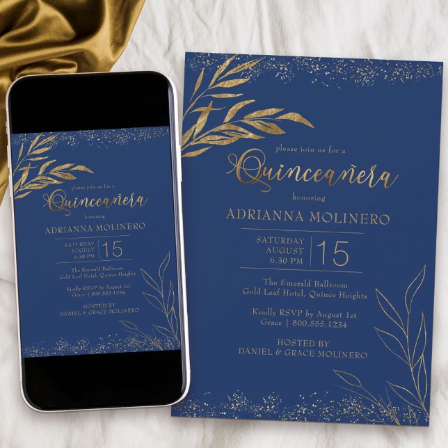Invitation Quinceanera Royal Blue et Gold Leaf Élégant (Modern Quinceanera invitation in blue from my Gold Leaf Collection
)