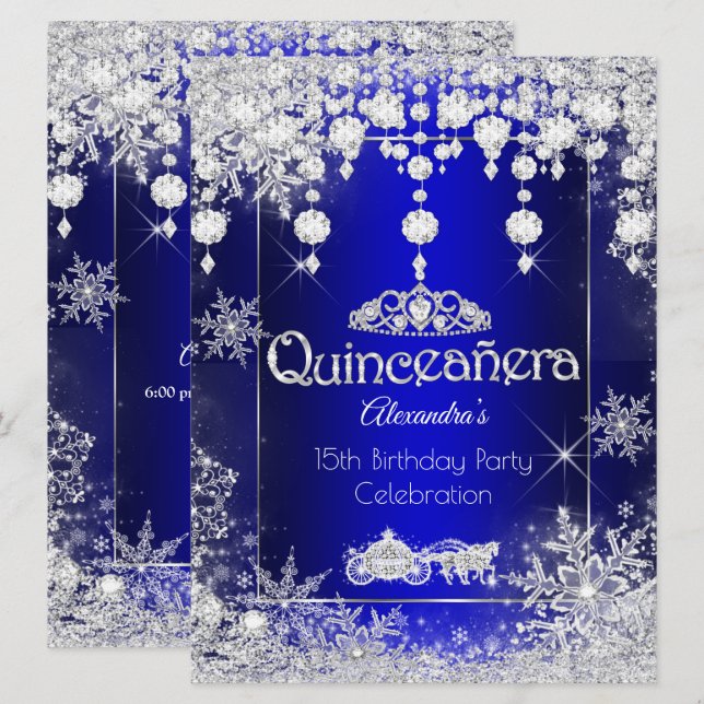 Invitation Quinceanera Royal Blue Fairytale Winter Wonderland (Devant / Derrière)