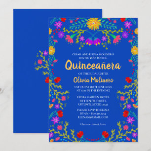 Invitation Quinceanera Royal Blue Fleurs mexicaines Anniversa