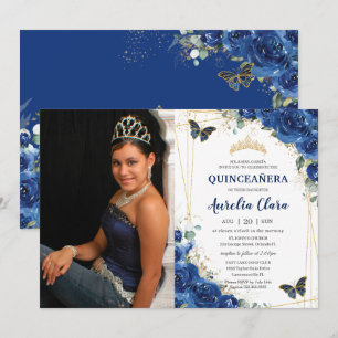Invitation Quinceañera Royal Blue Floral Papillons Anniversai