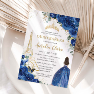 Invitation Quinceañera Royal Blue Floral Paris Eiffel Gold
