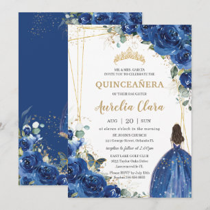 Invitation Quinceañera Royal Blue Floral Princess 15 Annivers