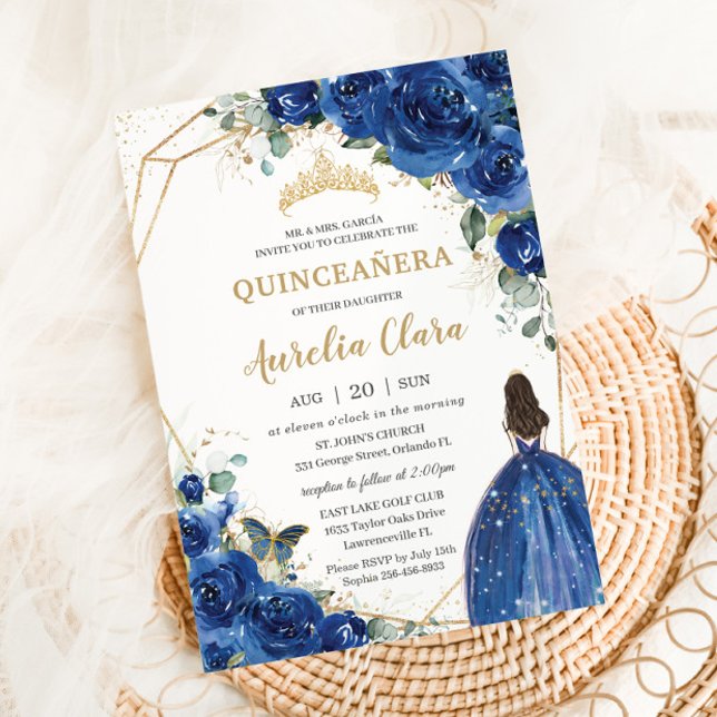 Invitation Quinceañera Royal Blue Floral Princess 15 Años (Créateur téléchargé)