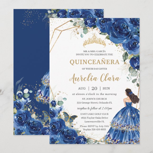 Invitation Quinceañera Royal Blue Floral Princess 15 Años (Devant / Derrière)