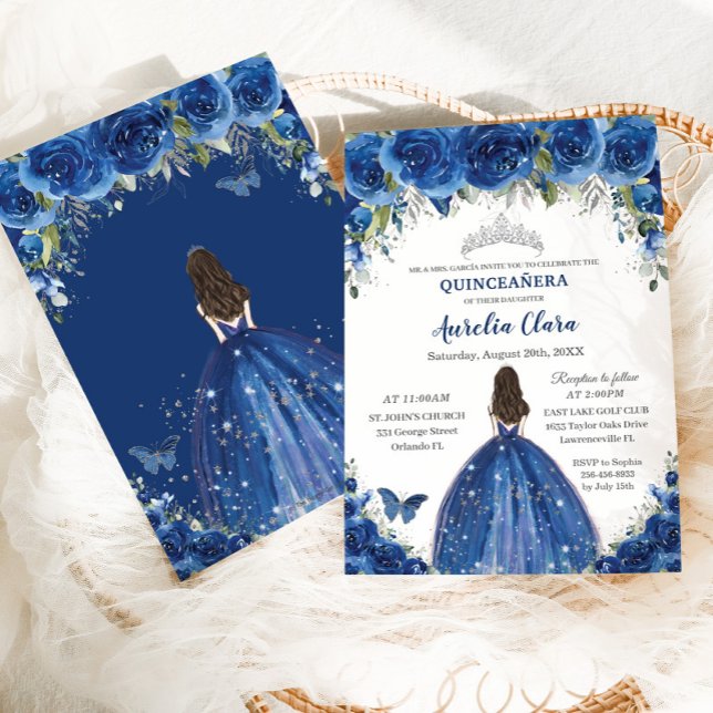 Invitation Quinceañera Royal Blue Floral Princesse Anniversai (Créateur téléchargé)