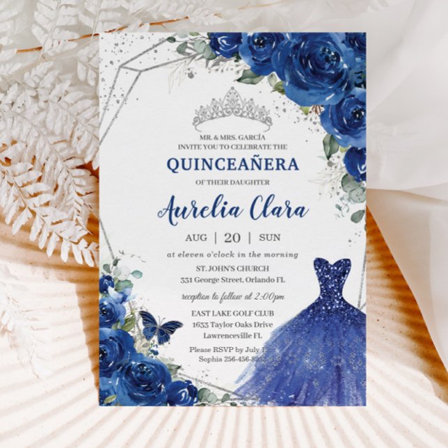 Invitation Quinceañera Royal Blue Floral Princesse Anniversai (Créateur téléchargé)