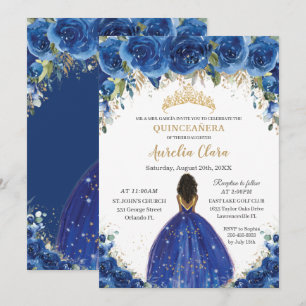 Invitation Quinceañera Royal Blue Floral Princesse Anniversai