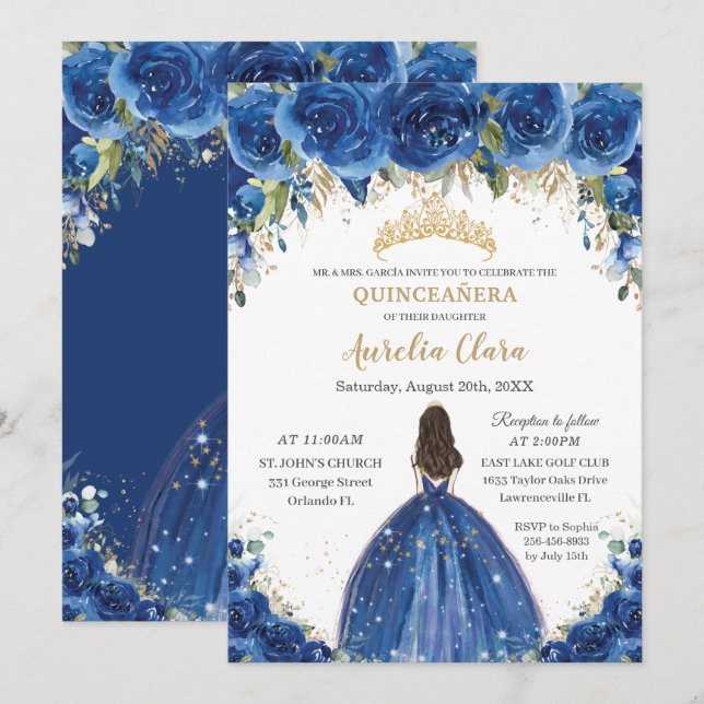 Invitation Quinceañera Royal Blue Floral Princesse Anniversai (Devant / Derrière)