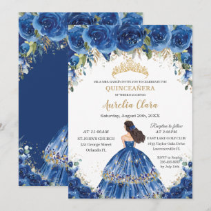 Invitation Quinceañera Royal Blue Floral Tiara 15e anniversai