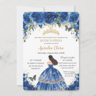Invitation Quinceañera Royal Blue Flowers Papillons Tiara