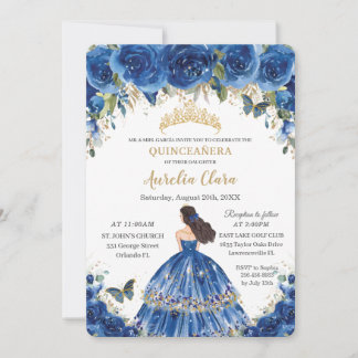 Invitation Quinceañera Royal Blue Flowers Papillons Tiara