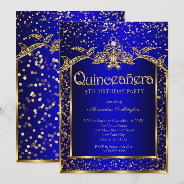 Invitation Quinceanera Royal Blue Gold fête d'anniversaire (Devant / Derrière)