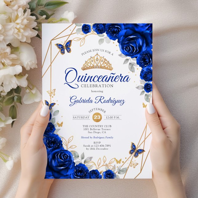 Invitation Quinceanera Royal Blue Gold Floral (Créateur téléchargé)