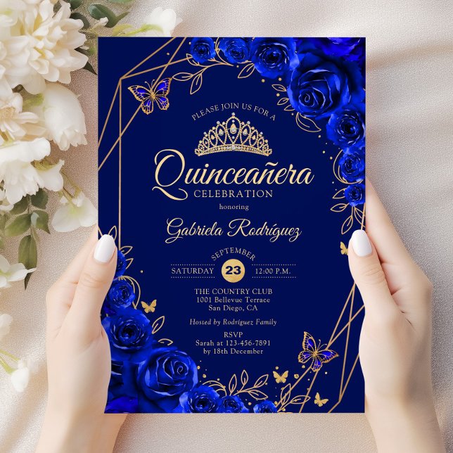 Invitation Quinceanera Royal Blue Gold Floral (Créateur téléchargé)